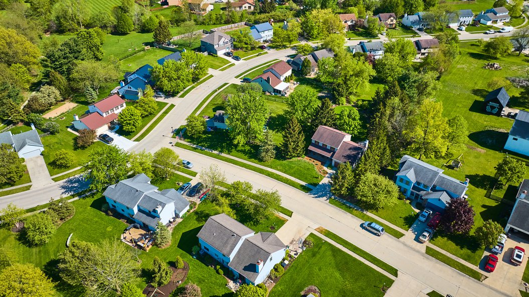 Aerial view of a residential neighborhood